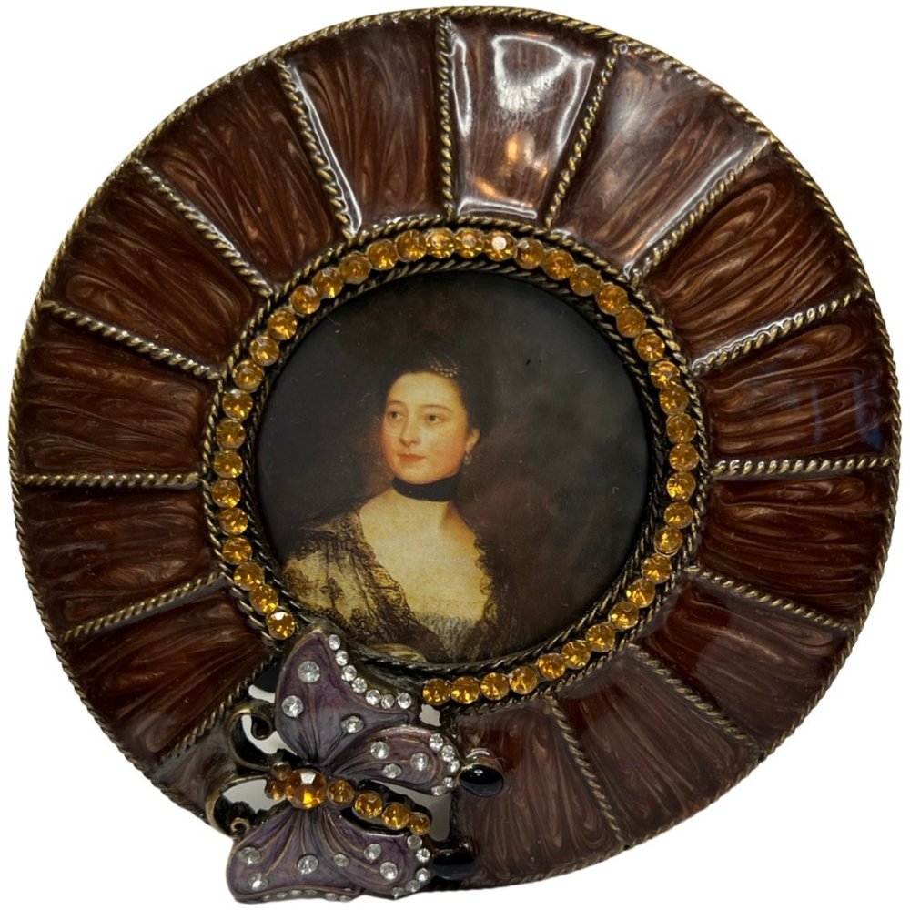 Victorian Style Enamel Round Picture Frame with Bejeweled Butterfly Tabletop